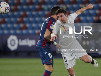 Pedro Mosquera  of SD Huesca (R)   during   spanish La Liga match between Levante UD  and  SD Huesca at Ciutat de Valencia  Stadium on April...
