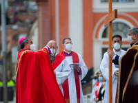 The Archbishop of Bogota, Monsignor Luis Jose Rueda, takes part in the representation of the Way of the Cross on Good Friday as part of Holy...