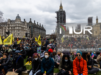 Proestors rally to demonstrate against the proposed Police, Crime, Sentencing and Courts Bill in Parliament Square, London, England on Satur...
