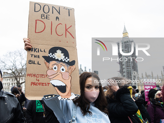 Proestors rally to demonstrate against the proposed Police, Crime, Sentencing and Courts Bill in Parliament Square, London, England on Satur...