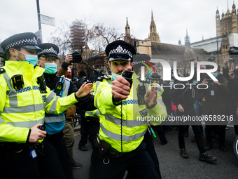 Police use pepper spray in London, Britain, 3 April 2021. Protests around the United Kingdom have been held in opposition to the Police, Cri...