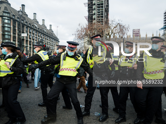 Police react during Kill The Bill protest in London, Britain, 3 April 2021. Protests around the United Kingdom have been held in opposition...
