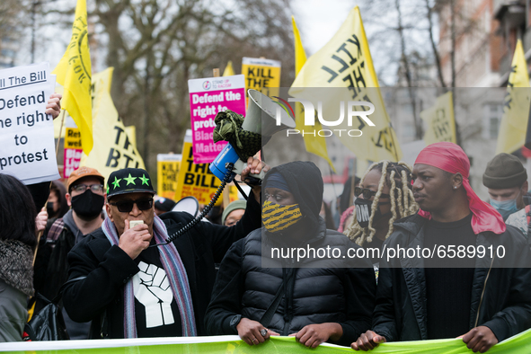 Protesters at a Kill the Bill protest in London, Britain, 3 April 2021. Protests around the United Kingdom have been held in opposition to t...