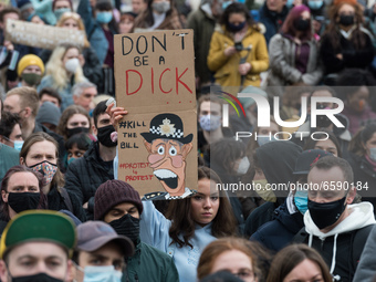 LONDON, UNITED KINGDOM - APRIL 03, 2021: Demonstrators take part in a rally in Parliament Square during a protest against government’s Polic...