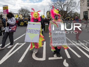 LONDON, UNITED KINGDOM - APRIL 03, 2021: Demonstrators march through central London in a protest against government’s Police, Crime, Sentenc...