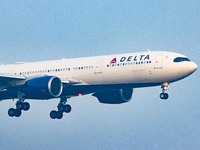 A Delta Air Lines Airbus A330neo or A330-900 aircraft with neo engine option of the European plane manufacturer, as seen in the misty mornin...