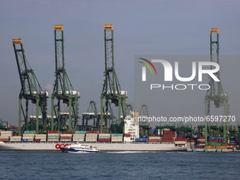 A general view of the container port terminal in operation at Pasir Panjang Terminal on April 6, 2021 in Singapore.  (