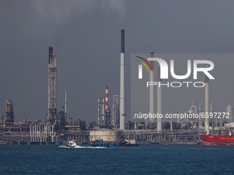 A general view of Shell’s Pulau Bukom petrochemical site on April 6, 2021 in Singapore.  (