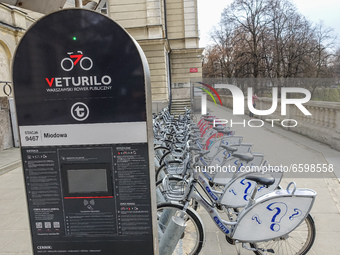 The Veturilo public bicycle station is seen in Warsaw, Poland, on 1 April 2021 (