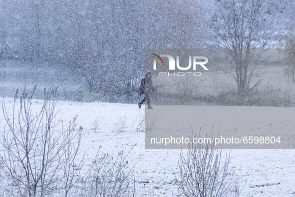 People outside in the snow. The Netherlands wakes up snow covered after an intense morning snowfall, a bizzar event for April. The second da...