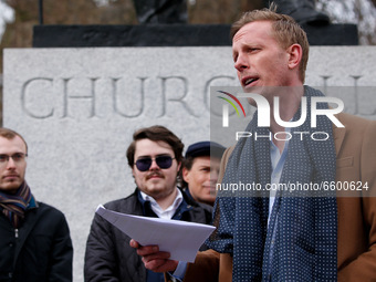 Reclaim Party leader and London mayoral candidate Laurence Fox presents his election manifesto at the statue of Winston Churchill in Parliam...