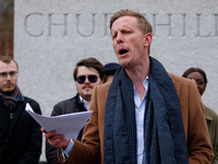 Reclaim Party leader and London mayoral candidate Laurence Fox presents his election manifesto at the statue of Winston Churchill in Parliam...