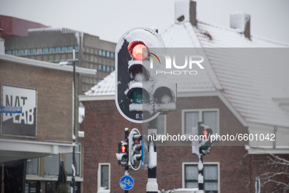Snow on a traffic light in Eindhoven city. The third day of the unusual April snowfall in The Netherlands, the country wakes up snow covered...