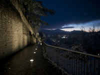 Snowy sunset in the city of L'Aquila, 7 April 2021, amidst the COVID-19 outbreak in Italy. (