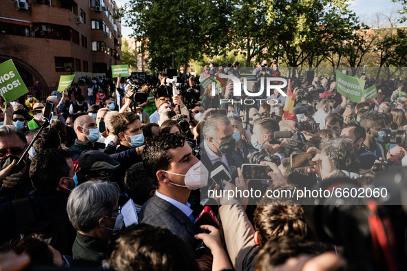 Far-right Vox party MP Javier Ortega Smith arrives to attend the presentation of Vox candidate for Madrid Regional election in Madrid on Apr...