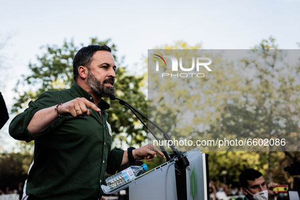 Far-right VOX party leader Santiago Abascal speaks during a rally at Plaza de la Constitucion in Vallecas neighborhood on April 7th, 2021. T...