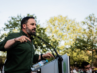 Far-right VOX party leader Santiago Abascal speaks during a rally at Plaza de la Constitucion in Vallecas neighborhood on April 7th, 2021. T...