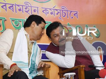 Assam Chief Minister Sarbananda Sonowal during a press conference  at BJP office in Guwahati ,india on April 8, 2021. (