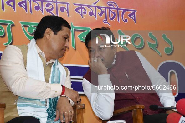 Assam Chief Minister Sarbananda Sonowal during a press conference  at BJP office in Guwahati ,india on April 8, 2021. 