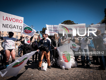 Independent workers during a demonstration to protest against Covid-19 restrictions in downtown Rome  on April 08, 2021 in Rome, Italy. (