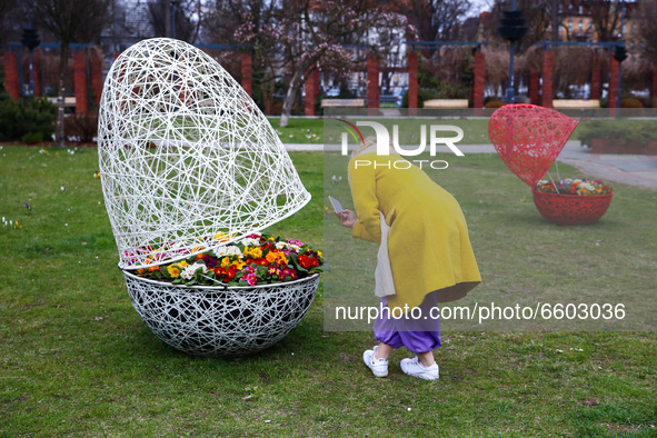Easter eggs decorations with spring flowers are seen at Doncaster Square in Gliwice, Poland on April 4th, 2021.
 