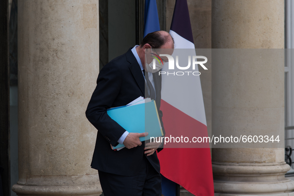 French Prime Minister Jean Castex leaves the Elysee Palace at the conclusion of the Council of Ministers, in Paris, on April 8, 2021. 