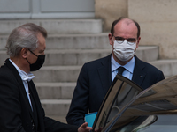 French Prime Minister Jean Castex leaves the Elysee Palace at the conclusion of the Council of Ministers, in Paris, on April 8, 2021. (