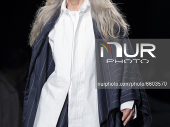 A model walks the runway at the Otrura fashion show during Mercedes Benz Fashion Week Madrid April 2021 at Ifema on April 08, 2021 in Madrid...