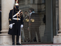 French President Emmanuel Macron inside the Elysee Palace awaiting the arrival of Togolese President Faure Essozimna Gnassingbe, for a bilat...