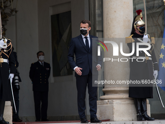 President of the Republic Emmanuel Macron awaits Togo's President Faure Essozimna Gnassingbe for a working lunch at the Elysee Palace, in Pa...