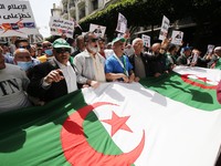Algerian protesters raise a national flag as they march demanding political change in the capital Algiers on April 9, 2021. (