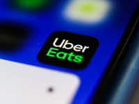 Uber Eats icon is seen displayed on a phone screen in this illustration photo taken in Krakow, Poland on April 9, 2021. (