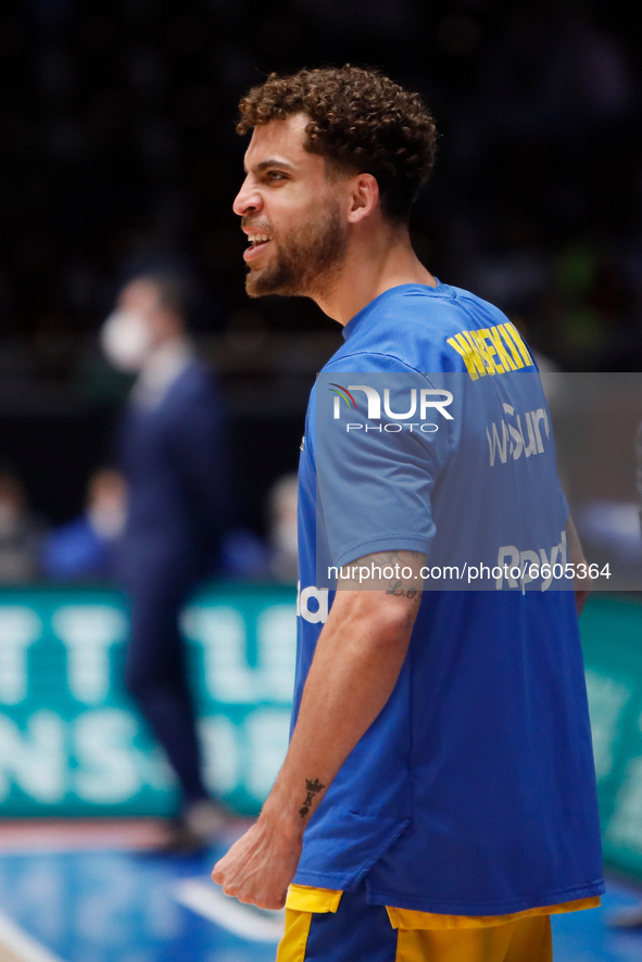 Scottie Wilbekin of Maccabi Playtika Tel Aviv reacts during warm-up ahead of the EuroLeague Basketball match between Zenit St Petersburg and...