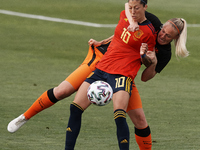 Jenni Hermoso (FC Barcelona) of Spain and Stefanie van der Gragt of Netherlands competes for the ball during the Women's International Frien...