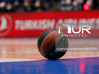 Official EuroLeague ball is seen on the court during the EuroLeague Basketball match between Zenit St Petersburg and Maccabi Playtika Tel Av...