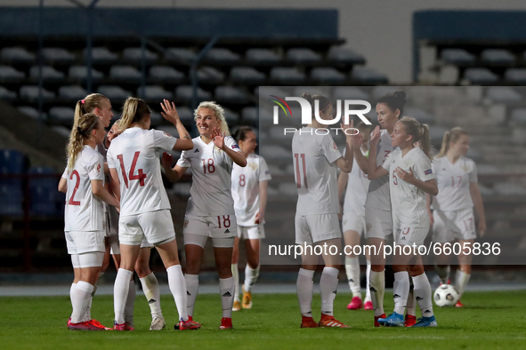 Russia's team players celebrate the victory at the end of the UEFA Women's EURO 2022 play-off first leg match between Portugal and Russia, a...