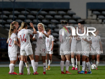 Russia's team players celebrate the victory at the end of the UEFA Women's EURO 2022 play-off first leg match between Portugal and Russia, a...