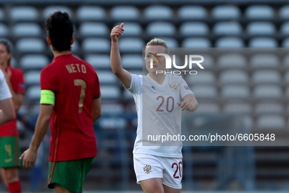 Nelli Korovkina of Russia celebrates after scoring a goal during the UEFA Women's EURO 2022 play-off first leg match between Portugal and Ru...