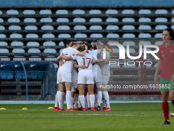 Nelli Korovkina of Russia celebrates with teammates after scoring during the UEFA Women's EURO 2022 play-off first leg match between Portuga...