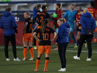 Sarina Glotzbach-Wiegman head coach of Netherlands talks with Danielle van de Donk after the Women's International Friendly match between Sp...