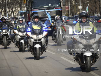Police escort with motorcycles during the opening of motorcycle season. Despite the coronavirus pandemic in Bulgaria, thousands of bikers ga...