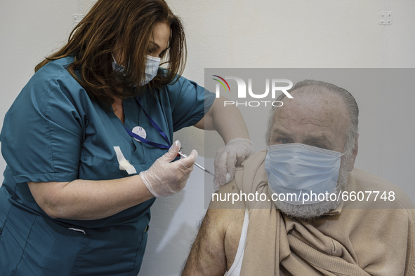 A man during vaccination at the inaugurated Pfizer-BioNTech Covid-19 vaccine centre for the 