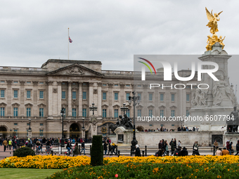 The Union Flag at Buckingham Palace fly's at half mast in London, Britain, 10 April 2021. The Queen announced the death of her beloved husba...
