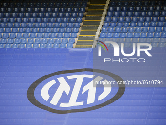A general view of the Stadio Giuseppe Meazza with the new logo of FC Internazionale on display during the Serie A match between FC Internazi...
