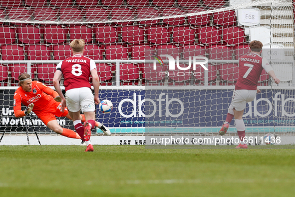 Sam Hoskins scores from the penalty spot for Northampton Town, and equalises to bring the score level at 1 - 1 against Bristol Rovers, durin...