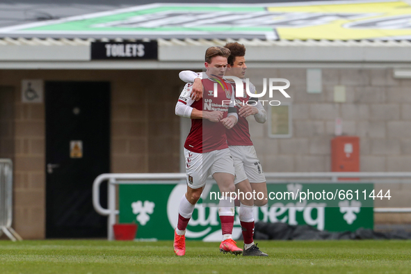 Sam Hoskins celebrates with team mates after scoring for Northampton Town, and equalises to bring the score level at 1 - 1 against Bristol R...