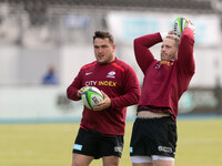 Vincent Koch and Jamie George of Saracens warms up ahead to the Greene King IPA Championship match between Saracens and Bedford Blues at All...