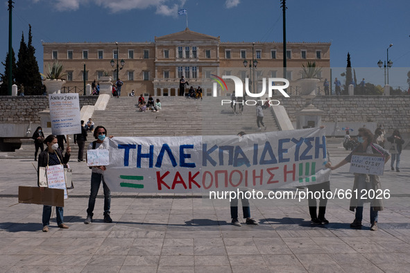 Protest by teachers at Syntagma square against the online lessons in Athens, Greece on April 11, 2021. 