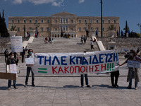 Protest by teachers at Syntagma square against the online lessons in Athens, Greece on April 11, 2021. (