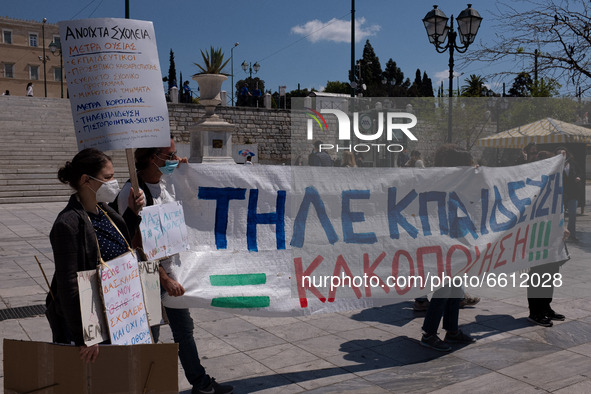 Protest by teachers at Syntagma square against the online lessons in Athens, Greece on April 11, 2021. 